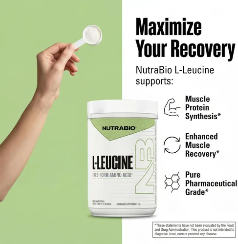 Vista 6 de NutraBio L-leucina 100% pura, recuperación y apoyo muscular, aminoácido de forma libre fermentada naturalmente, vegano, sin OMG, sin gluten