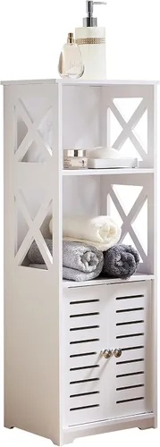 Vista 6 de Kings Brand Furniture - Gabinete de almacenamiento para piso de baño, armario de inodoro lateral con puerta y estantes, color blanco