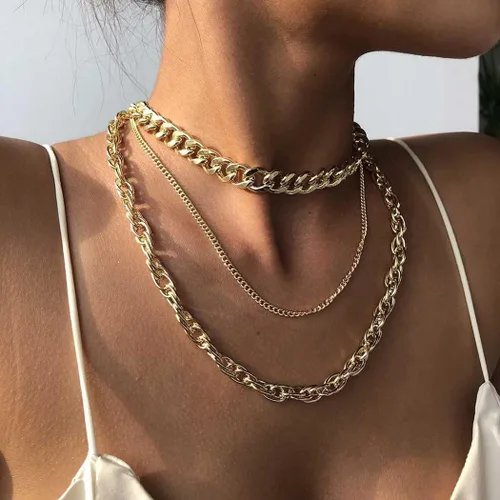 Vista 5 de Jovono Gargantilla gruesa, cadena de eslabones cubanos dorados, collar grueso en capas, joyería punk para mujeres y niñas