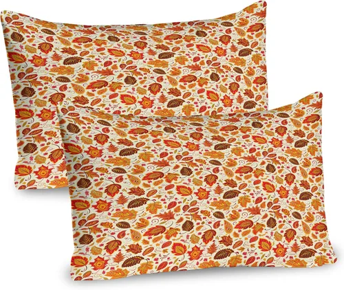 Vista 26 de Lunarable Juego de 2 fundas para almohada de otoño, tema vintage otoñal con estilo granja, ilustración de flores silvestres, artículo de cama