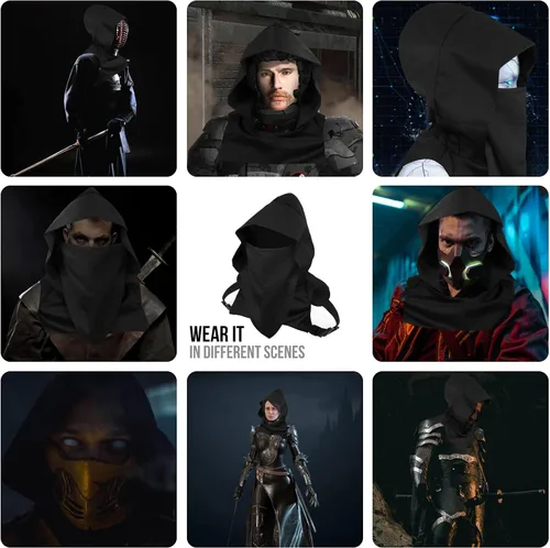 Vista 6 de Cyberpunk Rogue Cowl Hood Scarf, Assassin Costume Hood Winter Unisex Cloak Hat for Cosplay and Outdoor Daily Wear