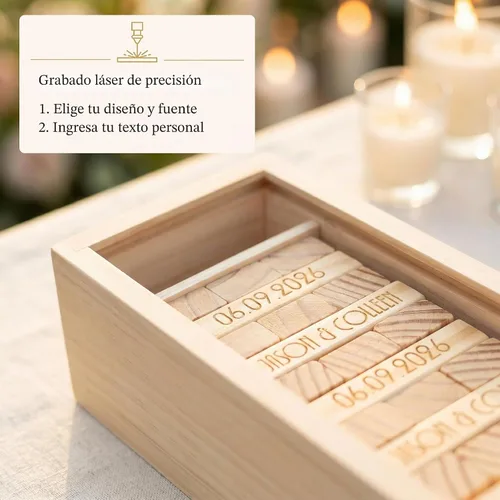 Vista 4 de WE Games Alternativa de libro de invitados de boda personalizado, caja de recuerdos de madera, 54 bloques, grabado personalizado 2 líneas de texto