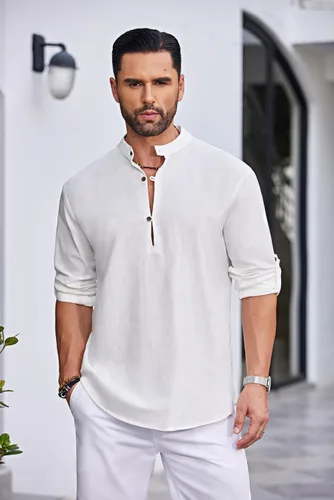 Vista 2 de COOFANDY Camisa Henley de algodón y lino para hombre, estilo casual, para playa, hippie, camisetas de manga larga