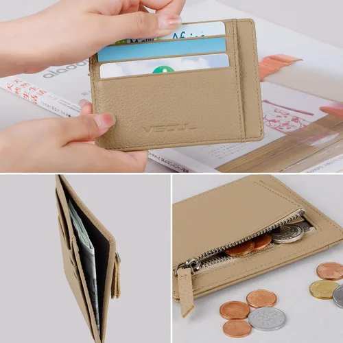 Vista 2 de VISOUL Tarjetero delgado para mujer con bloqueo RFID, cartera pequeña de cuero para mujer con bolsillo con cremallera para monedas (marrón claro)