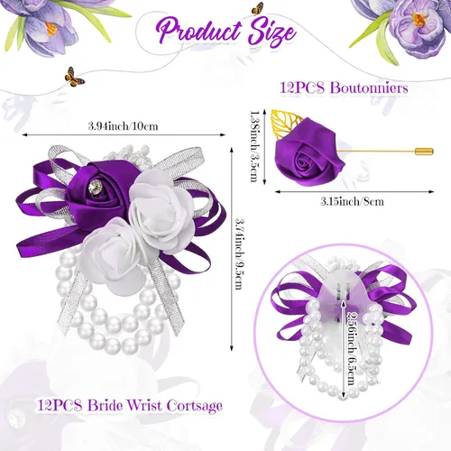 Vista 2 de Tigeen Juego de 24 ramilletes de muñeca y boutonniere para hombre, ramillete de muñeca de boda, flor de mano para madre de novia, novia, decoración