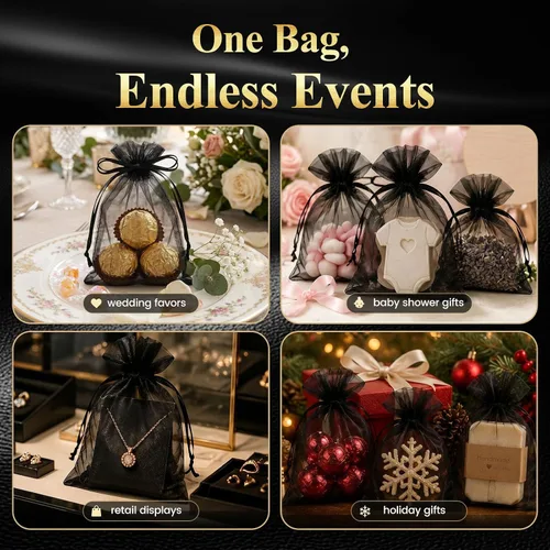 Vista 6 de VGOODALL 120 bolsas de regalo de organza negra, bolsas de regalo de malla de caramelo, bolsas de joyería para Navidad, suministros de fiesta de boda