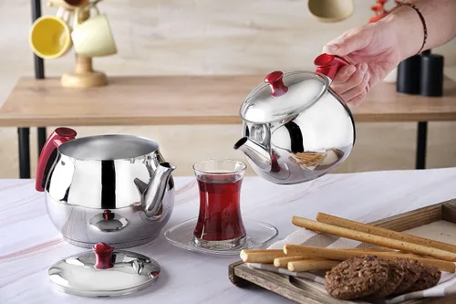 Vista 6 de Juego de tetera turca de acero inoxidable para estufa, tetera doble con colador, asas rojas, calentador de agua Samovar para té turco