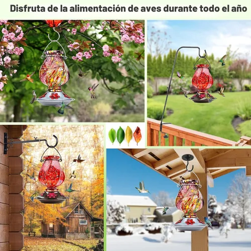 Vista 6 de BOLITE - Alimentador de colibríes, de vidrio soplado a mano, para colgar en exteriores, con trampa para hormigas y 5 puertos de alimentación, 22
