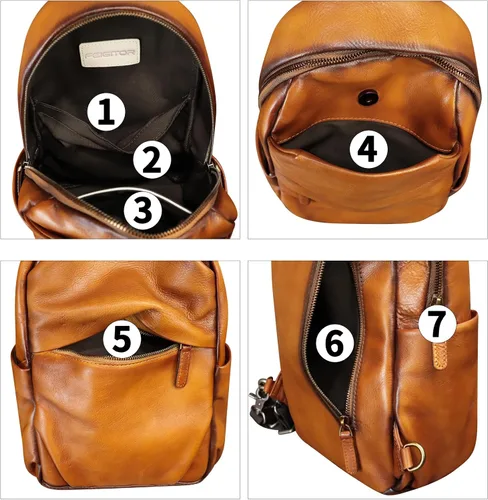 Vista 5 de Bolso de cuero genuino para hombres y mujeres, mochila grande tipo bandolera para iPad Pro de 12.9 pulgadas, Marrón, Mediana