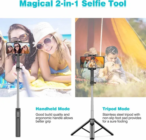Vista 6 de Palo selfie, trípode extensible para selfie stick con control remoto inalámbrico y soporte para teléfono, trípode portátil para selfie grupal