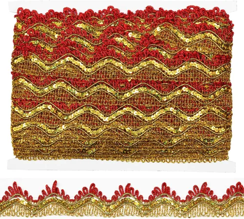 Vista 14 de Cinta larga de 14 yardas de ancho, 1.378 in/1.37 pulgadas, color oro azul con lentejuelas doradas, adorno de encaje decorado para manualidades, tela