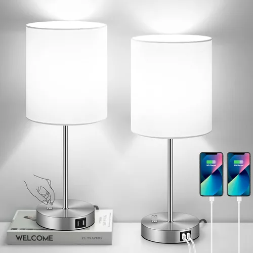 Vista 9 de Juego de 2 lámparas de mesa con puertos de carga USB, lámparas de noche blancas con salida de CA, lámparas de mesita de noche con interruptor