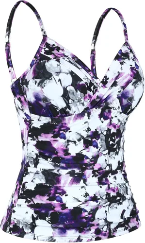 Vista 2 de coastal rose Tankini para mujer, cuello en V, parte superior de natación fruncida con control de abdomen