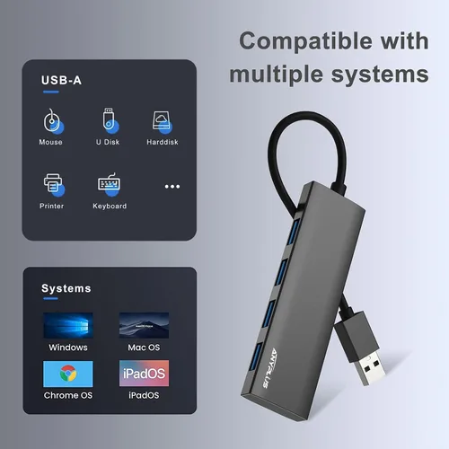 Vista 5 de Concentrador USB, concentrador USB 3.0 de aleación de aluminio ultra delgado divisor USB, extensor USB portátil de 4 puertos, concentrador USB