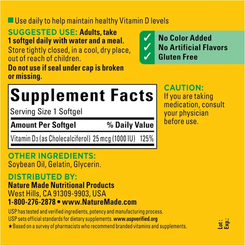 Vista 6 de Nature Made Vitamina D3 1000 UI (25 mcg), 300 cápsulas blandas de vitamina