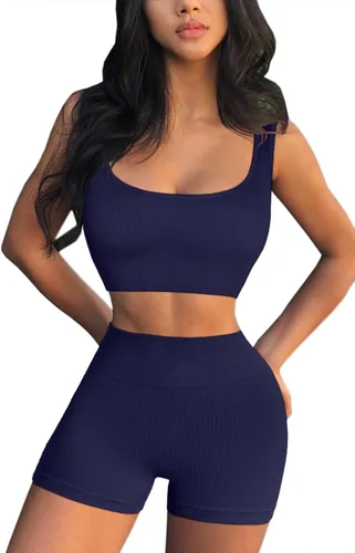 Vista 4 de FAFOFA - Conjuntos de entrenamiento para mujer, 2 piezas, sin costuras, camiseta acanalada sin mangas, pantalones cortos de cintura alta, atuendo