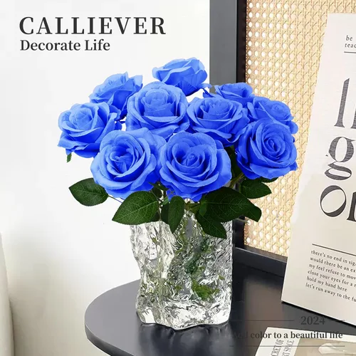 Vista 7 de 12 flores artificiales de rosas, ramo de flores artificiales de seda, rosas sintéticas con tallos, 19.7 in, rosas decorativas para bodas y Azul
