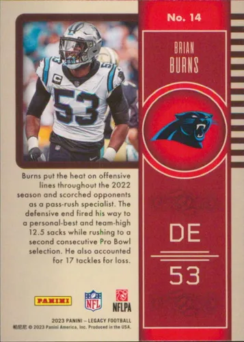 Vista 2 de 2023 Panini Legacy #14 Brian Burns Carolina Panthers Football Card - Sportscard Superstore