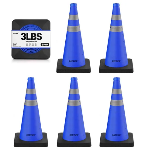 Vista 11 de BATTIFE [1 Paquete] Conos azules plegables de seguridad de tráfico de 28 pulgadas con base negra pesada, conos emergentes multiusos con collar