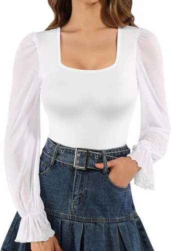 Vista 2 de MANGOPOP Long Sleeve Bodysuit for Women Square Neck & Mesh Ruffle Sleeves Casual Blouse Tops