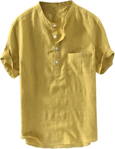 Vista 8 de Camisas de lino para hombre, de manga corta, con botones, estilo Henley, ligeras, sin cuello, hippie, playa, ropa