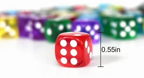 Vista 2 de Paquete de 50 dados de 6 lados de 14 mm de colores translúcidos, con bolsa negra para juego de mesa