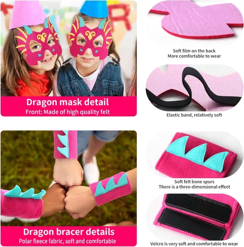 Vista 6 de D.Q.Z Disfraz de dinosaurio y dragón para niños pequeños, muñequeras con máscara de dinosaurio para niños y niñas, regalos de fiesta de cumpleaños