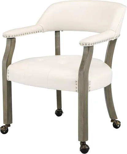 Vista 16 de Sillas de comedor con ruedas y brazo, sillas de capitán Caster Boss con patas de madera maciza, sillas de escritorio de oficina con botón tapizado