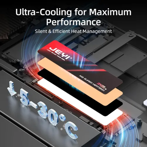 Vista 3 de JEYI M.2 2280 SSD disipador de calor, grafeno+hoja de cobre, ultradelgado de 0.5mm, conductividad térmica de 1500W/mK, para SSDs NVMe/SATA (5 piezas)
