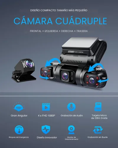 Vista 2 de PRUVEEO Cámara de tablero de 360° de 4 canales delantera y trasera interior izquierda derecha, cámara de tablero para automóviles