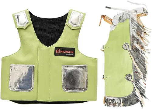 Vista 8 de HILASON Chaleco protector de cuero para equitación de toro juvenil, Chaparreras cortas para montar en toro negro con púrpura Chaparreras