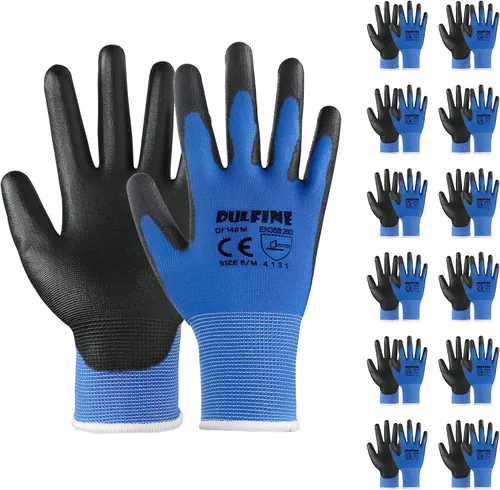 Vista 10 de DULFINE Guantes de trabajo ultrafinos con revestimiento de PU - 12 pares, excelente agarre, carcasa de nylon guantes de trabajo de seguridad