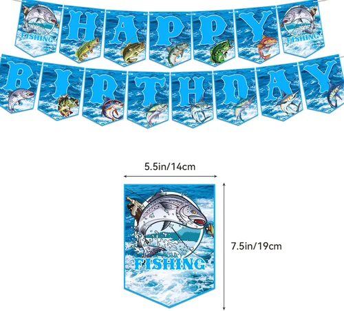 Vista 2 de Decoraciones de fiesta de pesca Gone Fishing suministros de fiesta de cumpleaños, incluye pancarta de pesca de feliz cumpleaños, decoración