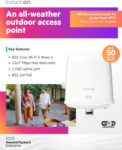 Vista 3 de Aruba Instant On AP17 Punto de acceso exterior 2x2 Modelo de EE. UU. Fuente de alimentación no incluida