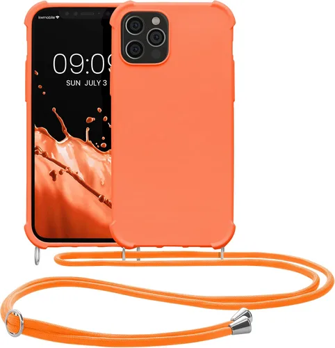 Vista 8 de kwmobile Funda cruzada compatible con Apple iPhone 12/iPhone 12 Pro, funda de silicona TPU con correa, color naranja frutal