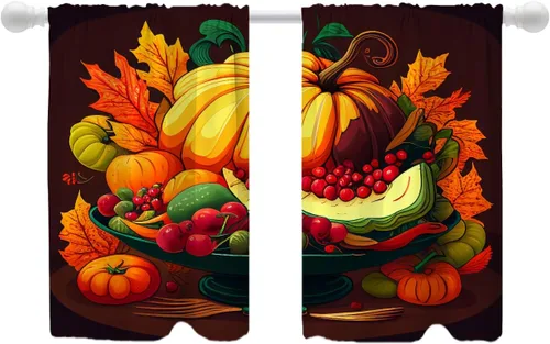 Vista 519 de Shrahala Orange Autumn Autumn Blackout Curtain Tiers, Fall Kitchen Valance Light Blocking Tier Drapes with Rod Pocket, 2 Pack 26 X 24 in