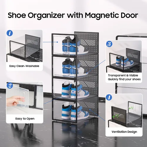 Vista 6 de eWonLife Cajas de zapatos grandes con puerta magnética, paquete de 12 organizadores apilables de almacenamiento de zapatos para armario, contenedor