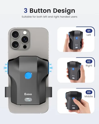 Vista 3 de Eyoyo Escáner de código de barras 2D para teléfono: Escáner portátil de código QR Bluetooth 1D con indicador de nivel de batería, lector de código