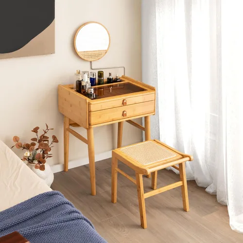 Vista 9 de CHARMAID Taburete de tocador, reposapiés otomano de bambú con asiento de ratán, almohadillas antideslizantes, banco de silla de tocador