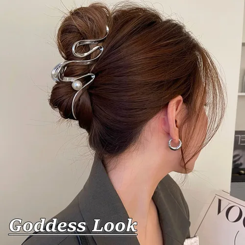 Vista 5 de Pinzas de pelo de cinta plateada de metal con perlas, accesorios para el cabello para mujeres y niñas, elegantes pinzas para el cabello ondulado