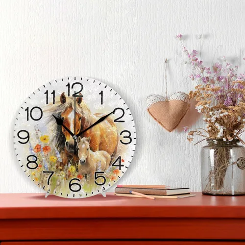 Vista 2 de Reloj de pared con diseño de flores de caballos, funciona con pilas, sin tictac, de cuarzo, analógico, rústico, rústico, reloj redondo, decoración