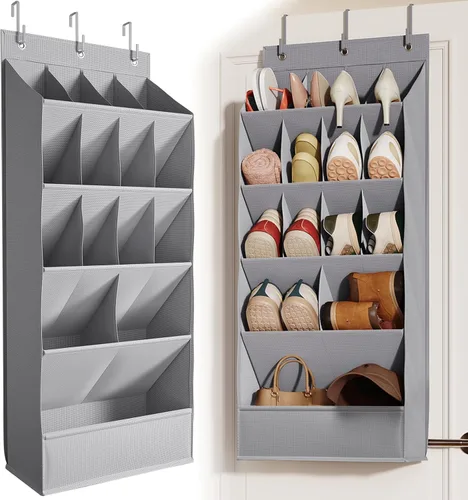 Vista 11 de Mefirt - Zapatero sobre la puerta para armario para más de 18 pares, organizador de zapatos de puerta con grandes bolsillos transpirables, zapatero