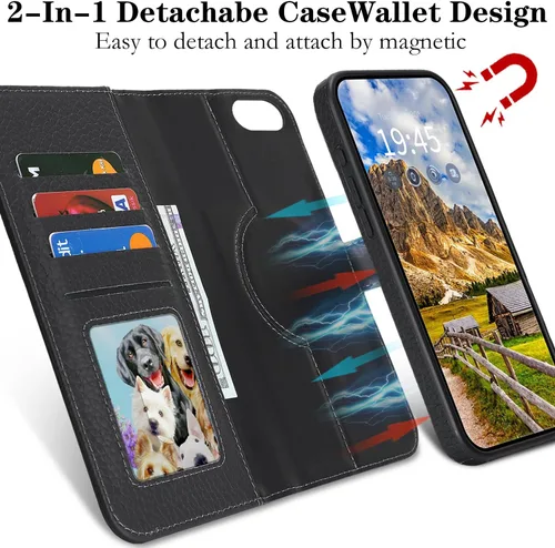 Vista 5 de Funda desmontable de cuero genuino para iPhone SE 2020/SE 2022/7/8, funda magnética 2 en 1 extraíble, soporte de carga Magsafe, funda protectora