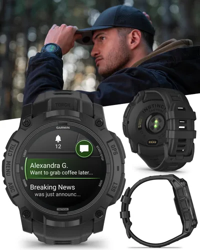Vista 4 de Garmin Instinct 3 Edición Táctica, pantalla AMOLED, 50mm, Smartwatch GPS resistente para exteriores, soporte de balística aplicada, linterna LED