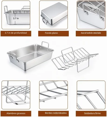 Vista 3 de P&P CHEF Bandeja Asadora de 14 pulgadas con rejilla para hornear y rejilla en forma de V, bandeja rectangular de acero inoxidable para lasaña
