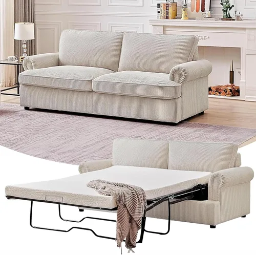 Vista 12 de Sofá cama reversible con cómodo colchón de espuma viscoelástica, sofá extraíble de pana convertible de tamaño matrimonial para sala de estar, Negro