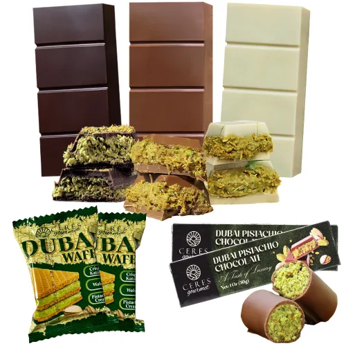 Vista 8 de Paquete Variado de Chocolate Dubai – 7 unidades, 3 de Chocolate con Leche, Oscuro y Blanco + 2 Obleas Dubai + 2 Mini Barras – Elegante Caja
