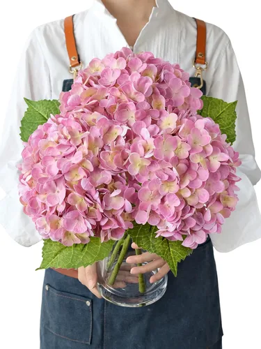 Vista 12 de JINWOE Hortensias artificiales de tacto real, 3 piezas de 21 pulgadas, flores de seda de látex real grandes, tallos largos, ramo de flores falsas