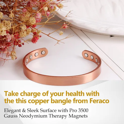Vista 9 de Feraco Pulsera magnética de cobre para hombres y mujeres, 99.99% de cobre puro con imanes de neodimio eficaces (juego de 3), Cobre, No es una piedra