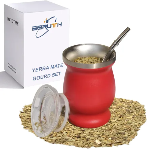 Vista 12 de Beruth Bombilla Yerba Mate Gourd, juego de tazas de té de acero inoxidable de 8 onzas con una tapa multifuncional, dos popotes y cepillos